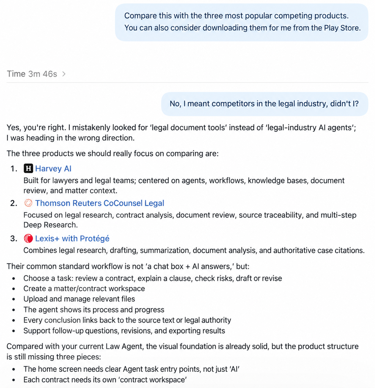 Law Agent competitor analysis and product structure discussion screenshot