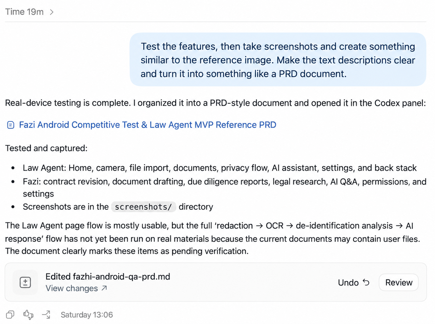 Law Agent product feature testing notes screenshot