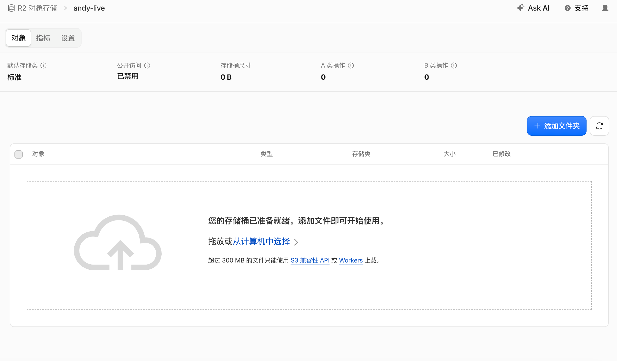 The newly created and empty private andy-live bucket in Cloudflare R2