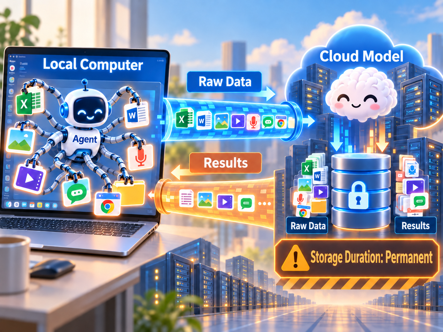 Data moving between a local computer and a cloud model during Agent work