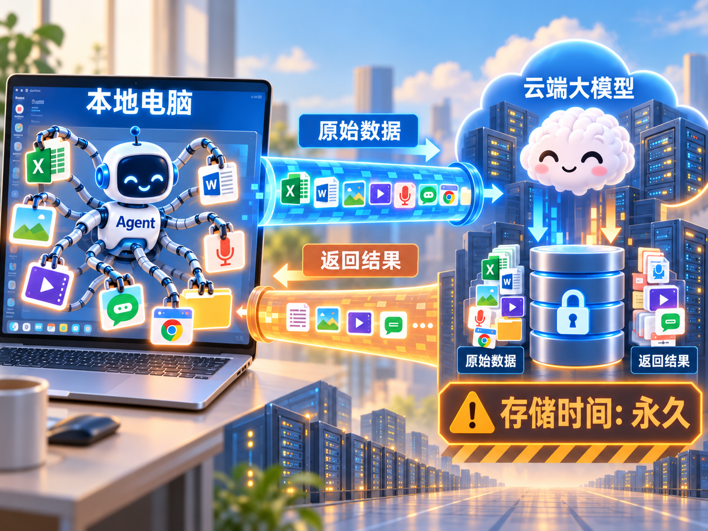 Agent 在本地电脑与云端模型之间传输数据的示意图