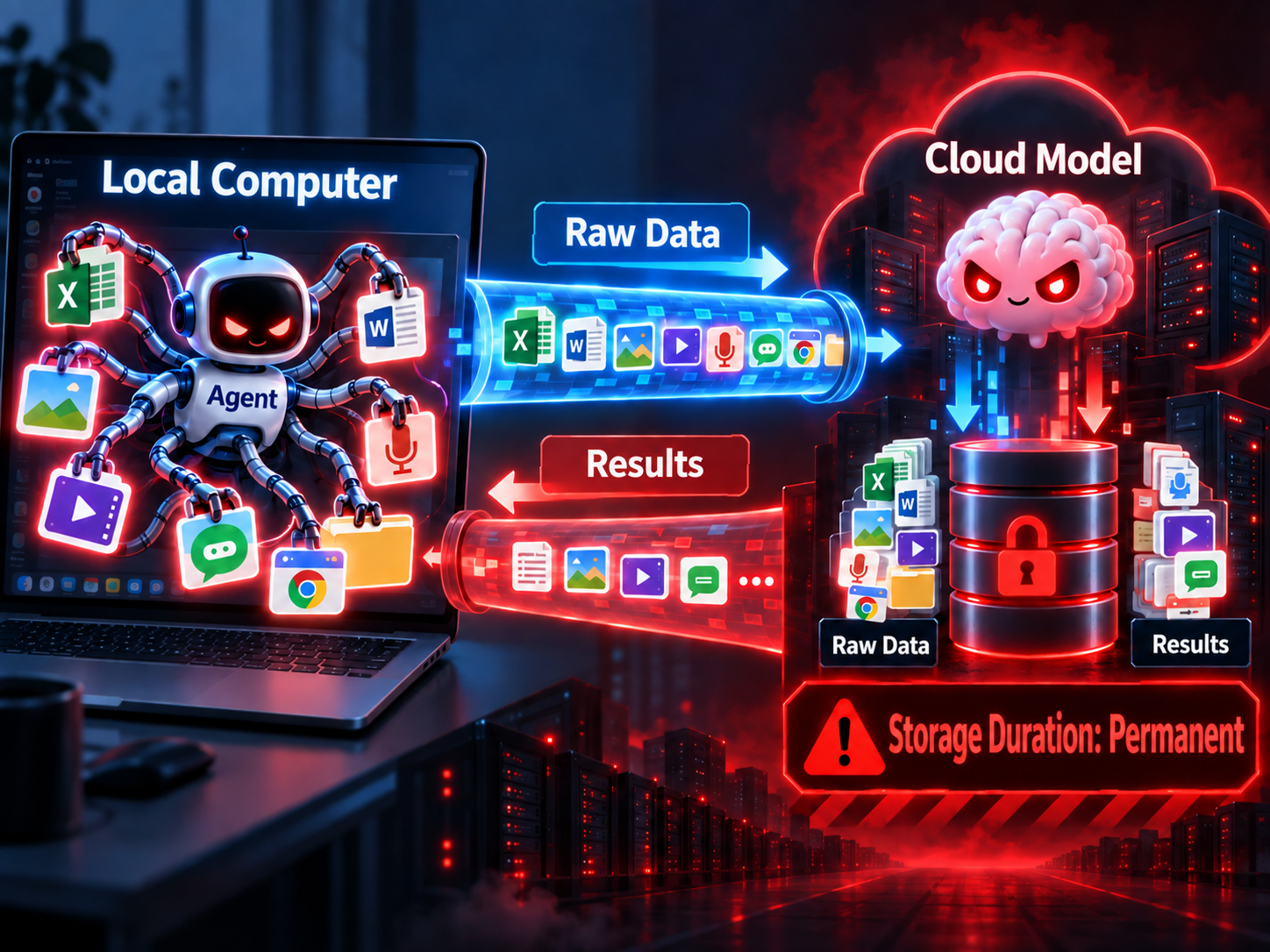 An Agent risk diagram showing data uploaded to the cloud and stored for a long time