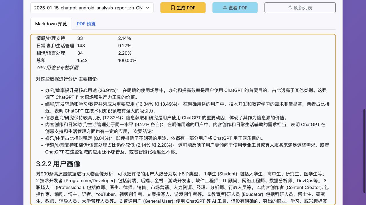ChatGPT review findings in the AutoGooglePlayAnalyzer report viewer