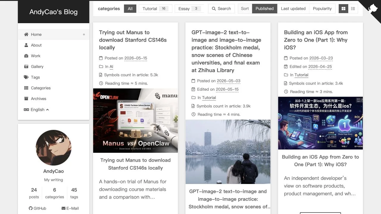 English homepage of the bilingual personal site